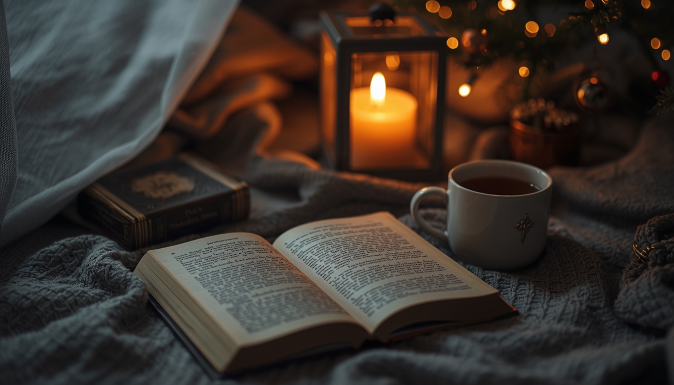 Cozy evening routine with book and tea