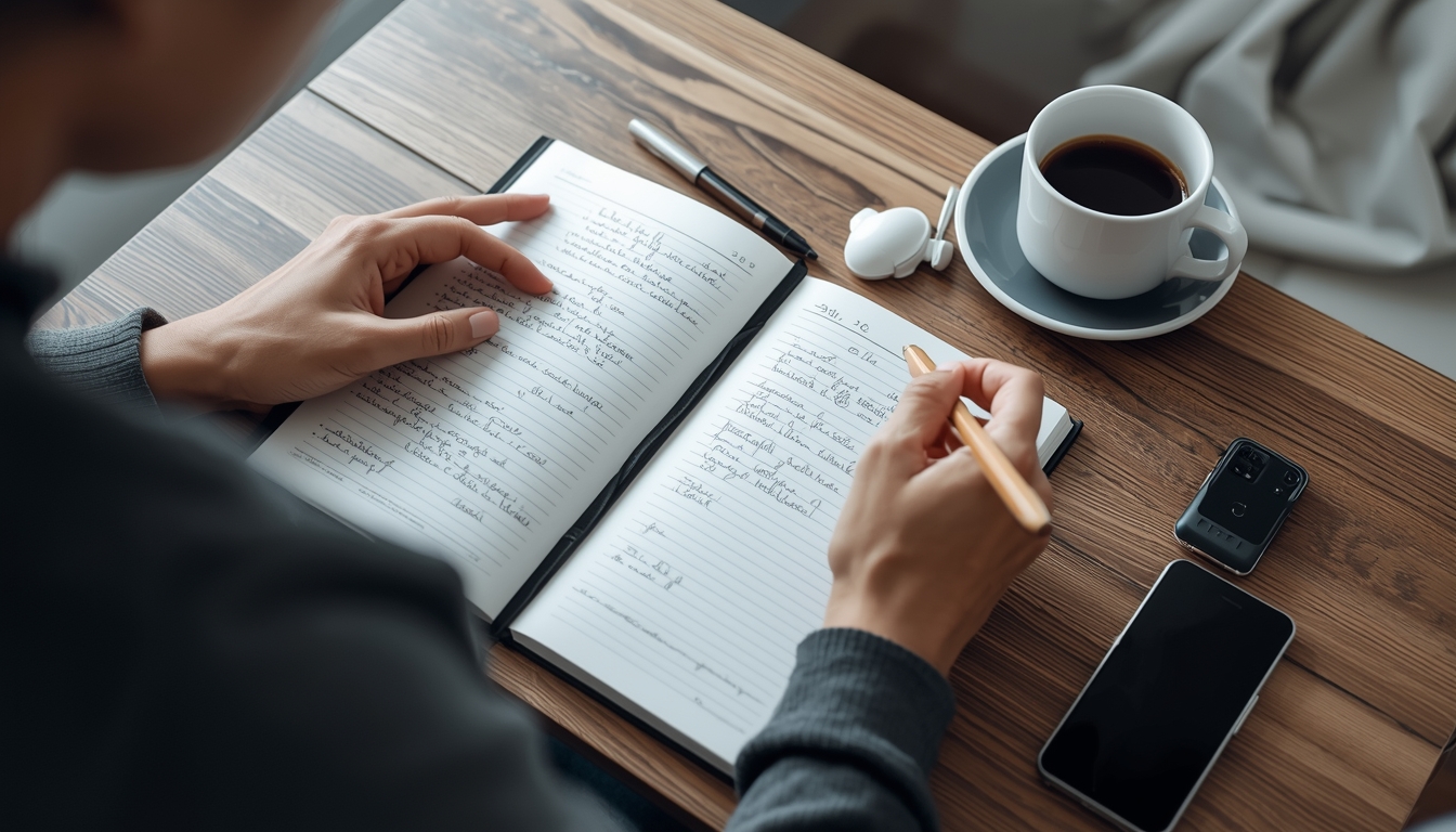 Person practicing morning routine with journal and coffee